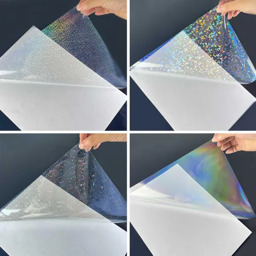 Vista 7 de 20 hojas de papel adhesivo holográfico tamaño A4, calcomanías de vinilo para laminación, película impermeable, autoadhesiva, transparente