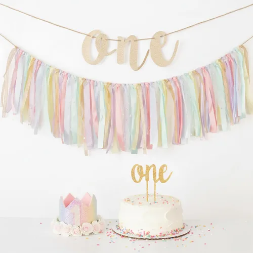 Vista 2 de PapaKit Juego de decoración prémium para silla alta para el primer cumpleaños para niñas, guirnalda de cinta de arco iris pastel, corona, una