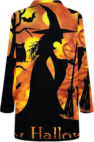 Vista 6 de symoid Disfraces de Halloween para mujer, estampado de araña gótica, manga larga, frente abierto, cárdigan de tela de araña, trajes de vacaciones