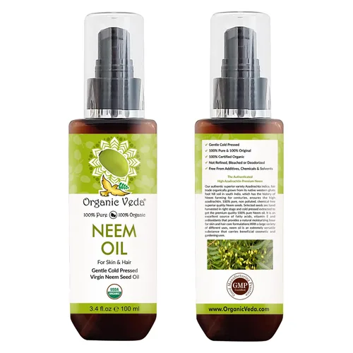 Vista 2 de Organic Veda Aceite de neem puro, prensado en frío y orgánico para piel, cabello, cara, cuerpo, cuero cabelludo, hidratante natural, aceite