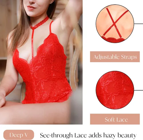 Vista 3 de NEWEVEN Lencería para mujer, con encaje suave en V profundo, de una pieza, con gargantilla extraíble