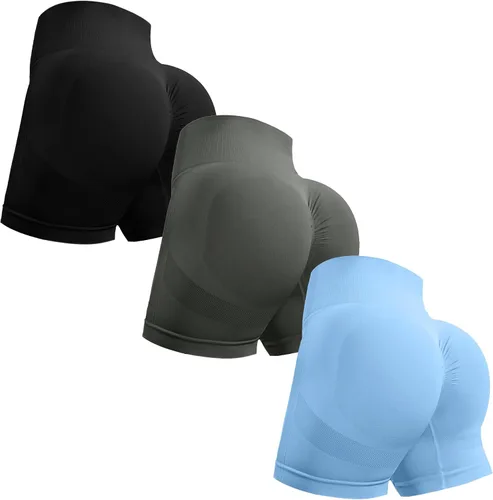 Vista 18 de Ovesport 3 piezas de pantalones cortos de entrenamiento para mujer, sin costuras, con levantamiento de glúteos, cintura alta, para yoga, gimnasio