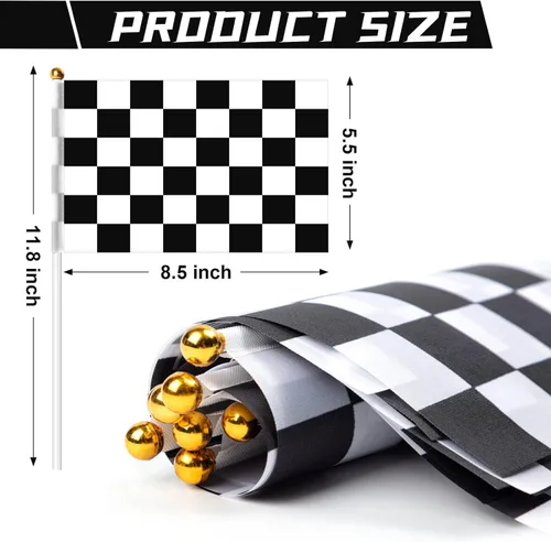 Vista 2 de 30 Piezas Banderas de Carreras a Cuadros en Blanco y Negro con Palo, Pequeñas Mini Banderas de Mano para Coches de Carreras, Decoraciones