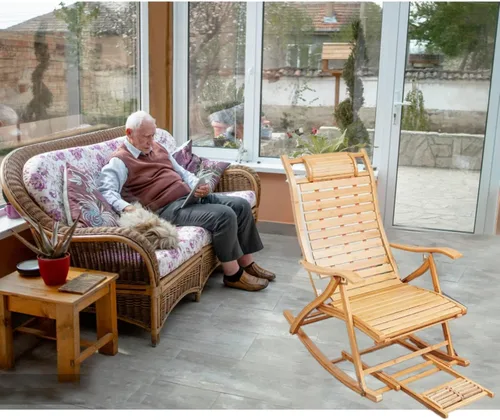 Vista 6 de Mecedora de bambú plegable de jardín para tumbonas de ancianos, silla de terraza con cojín, estable y ergonómica de madera, silla de jardín