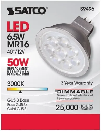 Vista 2 de Satco Lighting - Bombillas LED MR16 de bajo voltaje regulables de 6,5 W, blanco suave de 3000 K, ángulo de haz de 40 grados, base GU5.3, 12 voltios