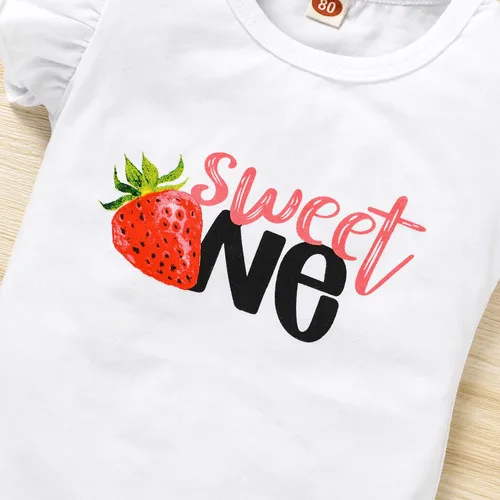 Vista 9 de Conjunto de ropa para bebé niña de 1er cumpleaños con mangas con volantes + pantalones cortos estampados + diadema para tartas