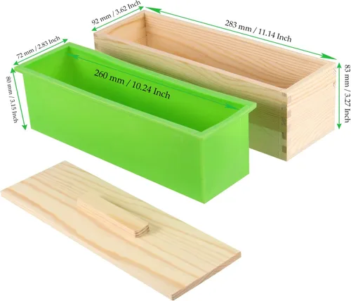 Vista 2 de Kit de jabón de silicona de 47 onzas, 3 piezas de jabón de silicona rectangular verde con 3 cajas de madera y 3 tapas, suministros de bricolaje