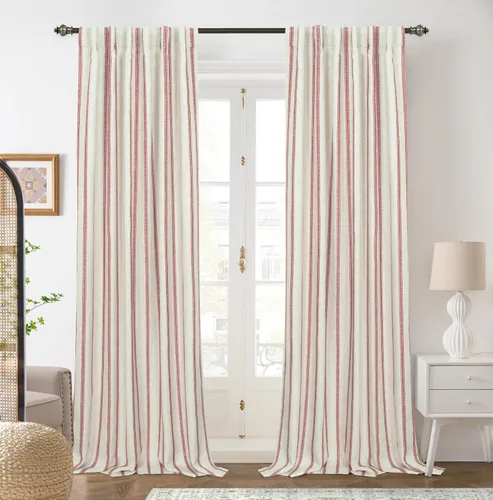 Vista 38 de DriftAway Cortinas opacas de mezcla de lino de granja de 90 pulgadas de largo para dormitorio, cortinas de lino con estampado de rayas verticales