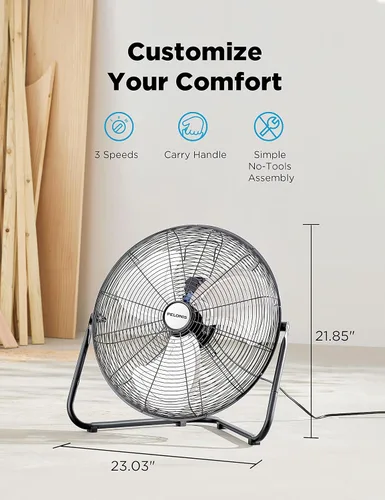 Vista 7 de Pelonis Ventilador de piso de 20 pulgadas, ventilador de piso de alta velocidad de metal resistente con 3 velocidades, cabezal inclinable ajustable