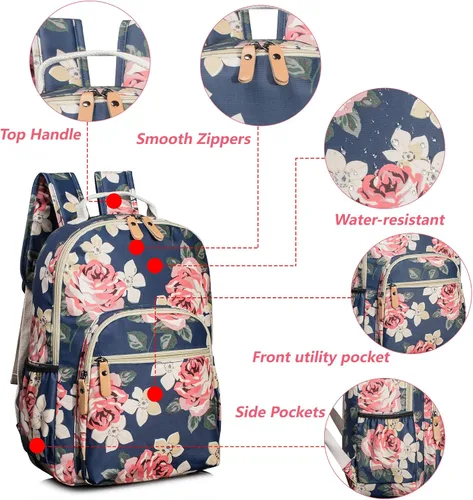 Vista 35 de Leaper Mochila para laptop para mujer: linda mochila floral para escuela, universidad, viajes, trabajo, mochila ligera para niños, Negro margarita