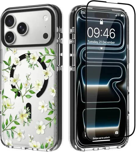 Vista 9 de OOK Funda para iPhone 17 Pro compatible con Magsafe, con protector de pantalla, elegante lazo estético, delgado, transparente, magnético, a prueba