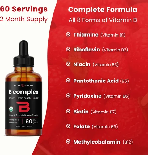 Vista 7 de Gotas líquidas orgánicas de complejo de vitamina B USDA Suplemento complejo de vitaminas B con gotas B1, B2, B3, B6, B7, B9 y metil B12