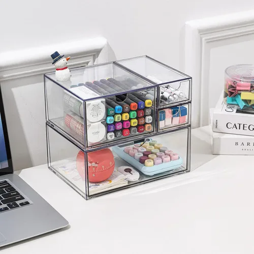Vista 2 de Organizador de cajones de maquillaje, organizador de cajones de escritorio con 4 cajones, 3 tamaños diferentes, adecuado para escritorio de oficina