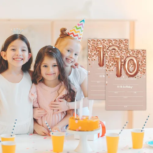 Vista 5 de Tarjetas de invitación de cumpleaños número 10, invitaciones de fiesta de cumpleaños número 10 con purpurina de oro rosa, suministros de decoración