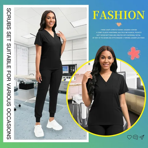 Vista 4 de niaahinn Conjunto de ropa quirúrgica clásica con cuello en V y pantalón deportivo de yoga, uniforme médico de enfermería