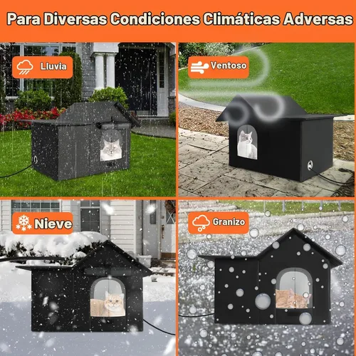 Vista 4 de Gran casa climatizada para gatos al aire libre en invierno, refugio resistente a la intemperie para gatos ferales con 2 almohadillas, perrera