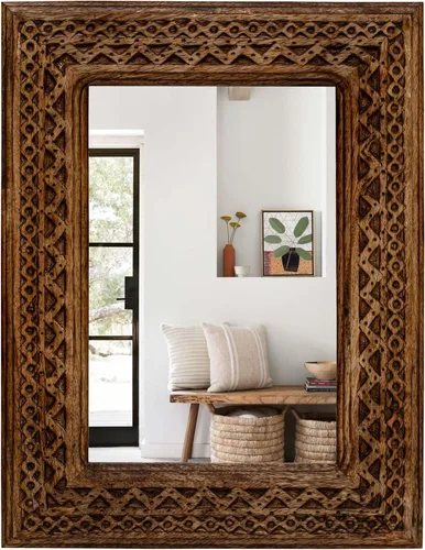 Vista 12 de Espejo de pared, espejo de tocador con marco de madera maciza, espejo de pared decorativo de granja para baño, dormitorio, sala de estar y entrada