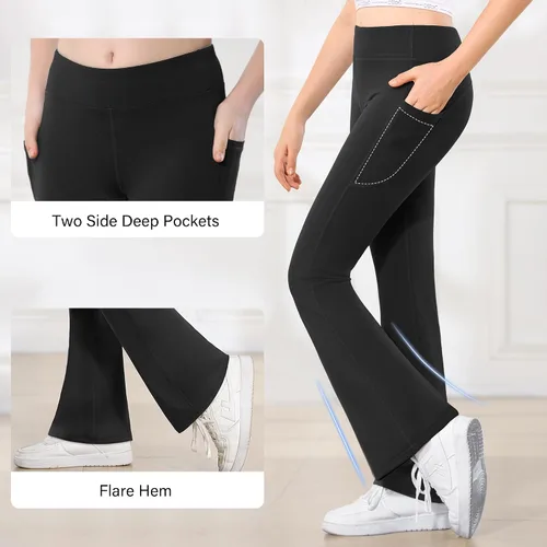 Vista 5 de Stelle Leggings acampanados para niña con bolsillos, cintura alta, corte de bota, pantalones de yoga para danza, pantalones acampanados