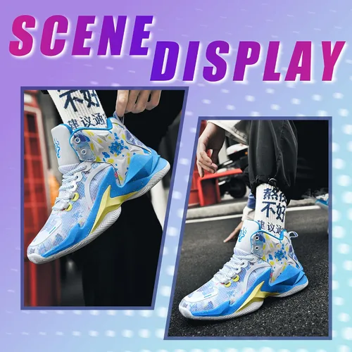 Vista 6 de Promenie Zapatos de baloncesto para hombre, antideslizantes, transpirables, para exteriores, zapatos de entrenamiento de graffiti de moda