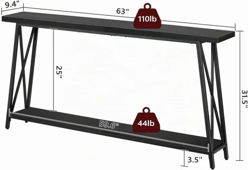 Vista 2 de MAHANCRIS Mesa consola, mesa de entrada industrial de 63 pulgadas, mesa de sofá extra larga de 2 niveles detrás del sofá, soporte en forma de X