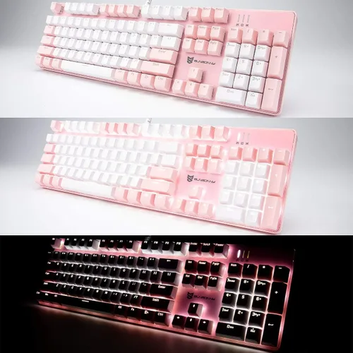 Vista 5 de Teclado mecánico con cable Interruptor marrón Diseño de 104 teclas de EE. UU. Intercambiable en caliente y silencioso Combo rosa y blanco