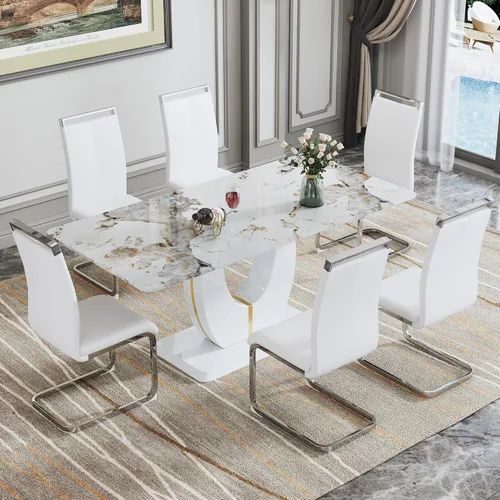 Vista 43 de JUFU Juego de mesa de comedor moderno para 4, juego de mesa de cocina rectangular de 63 pulgadas con mesa de mármol sintético y 4 sillas tapizadas