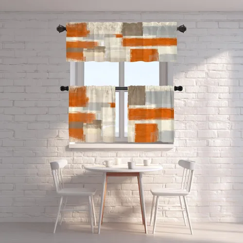 Vista 7 de Shrahala Beige and Orange Abstract Art Brushstrokes Blackout Curtain Tiers, Abstract Oil Paint Kitchen Valance Light Blocking Tier Drapes with Rod