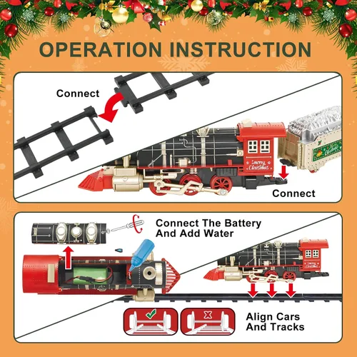 Vista 6 de Juego de tren de control remoto con vapor, luces y sonidos, tren de juguete eléctrico para niños de 4 a 8 años, juego de tren de árbol de Navidad