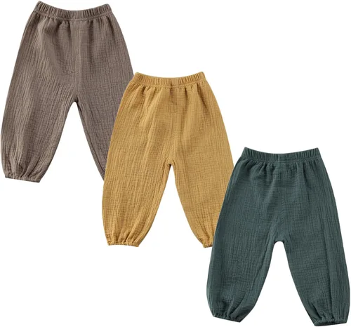 Vista 7 de Paquete de 3 pantalones de algodón y lino para bebés, niños y niñas, color liso, ropa básica para bebés