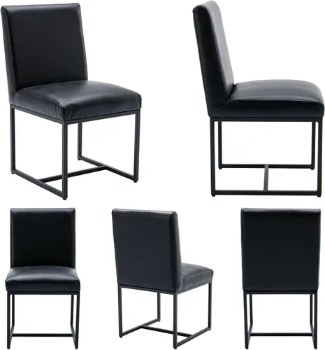 Vista 7 de Juego de 2 sillas de comedor modernas de tela, tapizadas de piel sintética, sillas de cocina sin brazos de mediados de siglo con patas negras