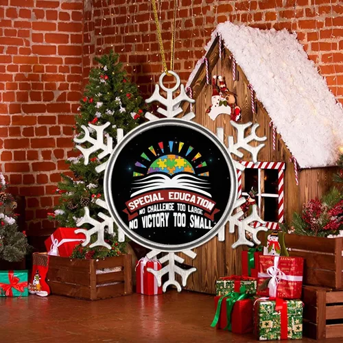 Vista 5 de Adorno de Navidad de copo de nieve de metal para concienciación sobre el autismo, educación especial, autismo, sol, árbol de Navidad, adorno