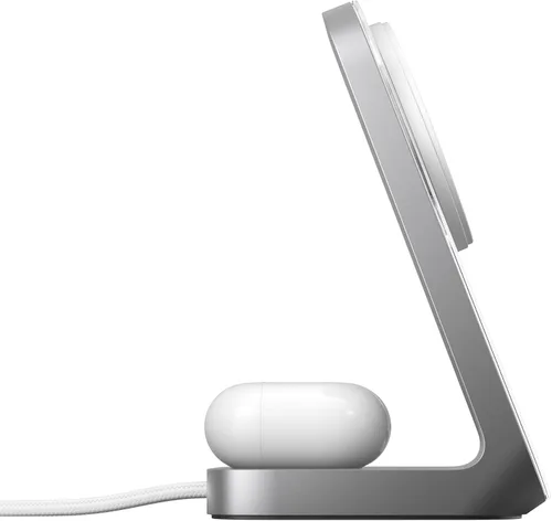 Vista 3 de NOMAD Stand One Silver, estación de carga MagSafe Qi2 de 25 W para iPhone y AirPods, soporte de cargador inalámbrico 2 en 1 con soporte de modo