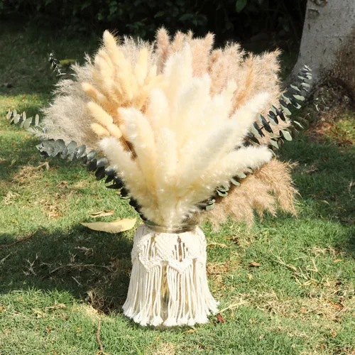 Vista 4 de 110 piezas de decoración de hierba seca de las pampas, pompas secas naturalmente, colas de conejo secas, flores secas con eucalipto seco, decoración