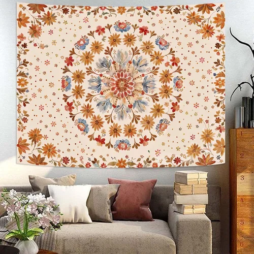 Vista 2 de Fowocu Tapiz bohemio con mandala floral para colgar en la pared, medallón de flores bohemias, tapiz estético, beige, naranja, hippie, indio, pequeño