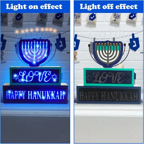 Vista 3 de Decoraciones iluminadas de Hanukkah, letrero de madera con 81 luces LED, funciona con pilas, letrero de puerta de menorá para centro de mesa