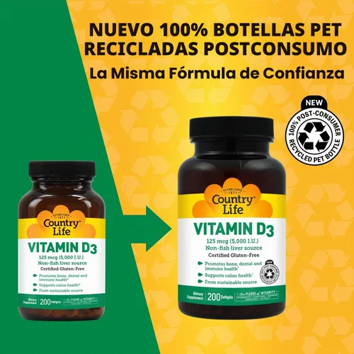 Vista 2 de Country Life Vitamina D3 5000 I.U., 200-Softgel