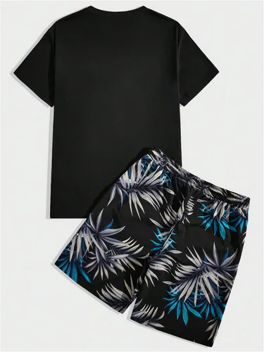 Vista 102 de GORGLITTER Conjunto de 2 piezas de camiseta gráfica de manga corta para hombre, estampado hawaiano con cordón y pantalones cortos