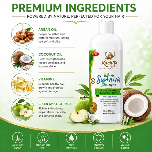 Vista 4 de Kachita Spell Nuevo Champú Hidratante Hidratante Intenso Verano Sin Sulfatos y Parabenos Para Cabello Seco Medio a Grueso, Color Tratado Hecho