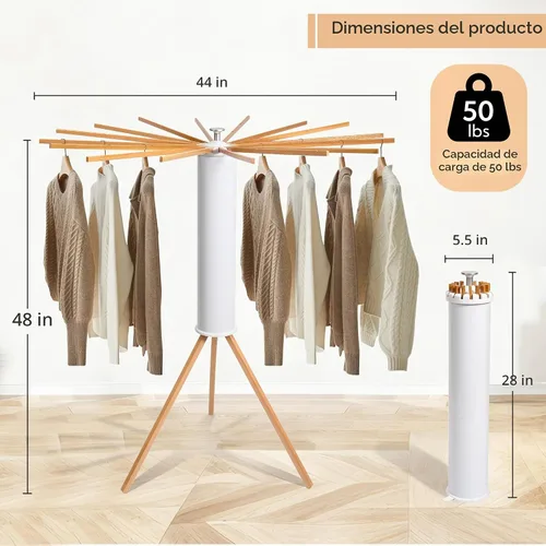 Vista 3 de ZOFGENOW Estante de secado de ropa, soporte plegable giratorio con 16 brazos, color blanco