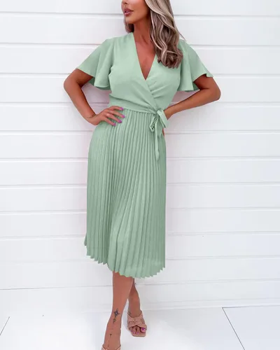 Vista 4 de BTFBM Vestidos de verano casuales con cuello en V para mujer, manga corta, satén, con lazo en la cintura, plisados, fluidos, para invitados de boda