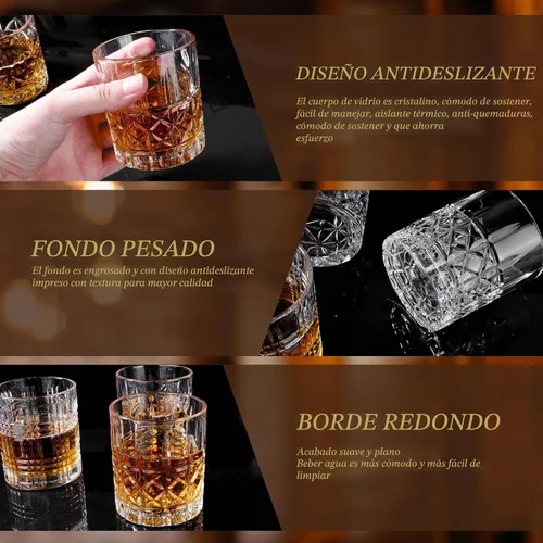 Vista 4 de Juego de vasos de whisky de 6 a 10 onzas con patrones mixtos de cristal, 3 estilos únicos con 6 moldes de bolas de hielo (2 pulgadas) para cócteles