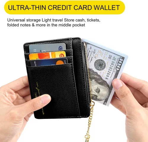 Vista 103 de URAQT Cartera para tarjetas de crédito, cartera minimalista de cuero delgado con cremallera, mini protector de tarjeta de crédito, llavero bolsillo