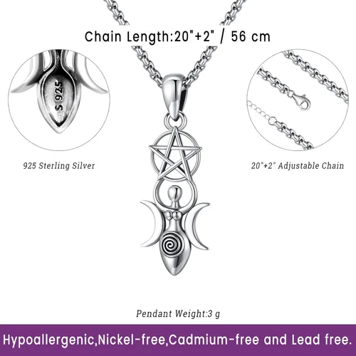 Vista 3 de Eusense Nudo De Bruja Plata 925 Original Brujas Nudo Collar Lilith Hécate Joyería Tetragrammaton Amuleto De Proteccion Triple Luna Diosa Collar