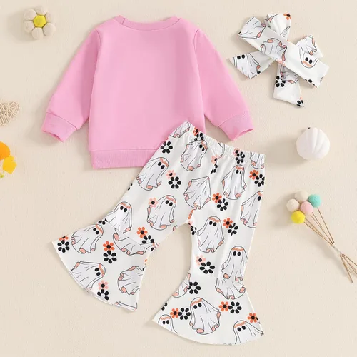 Vista 44 de Traje de Halloween para bebé niña, manga larga, cuello redondo, letras de fantasma, parte superior con estampado de fantasma, parte inferior