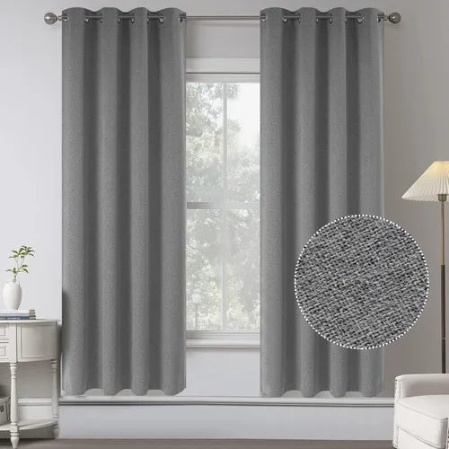Vista 56 de KEQIAOSUOCAI Cortinas de lino 100% opacas de 100 pulgadas de largo, 2 paneles para dormitorio, estilo casa de campo moderna, completamente negro