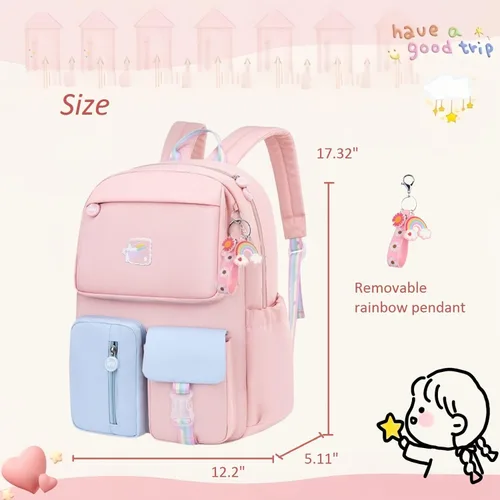 Vista 3 de Mochila escolar para niñas para escuela primaria ligera, Rosa Azul, Classic