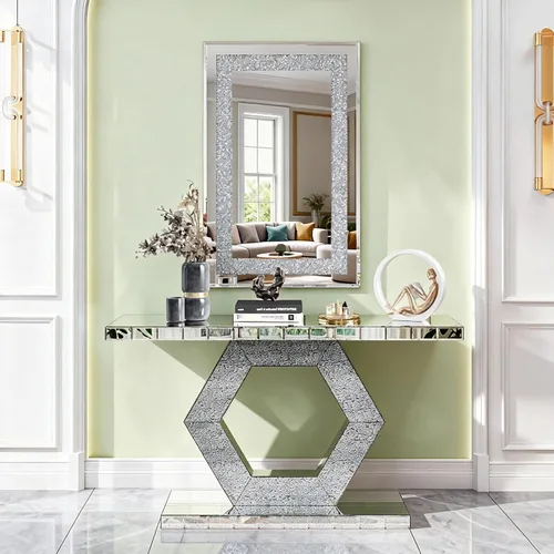 Vista 34 de Mesa Consola Negra con Espejo, Mesa de Sofá de Cristal Rectangular de 48 pulgadas con Elementos Tallados Vintage con Espejo, Muebles de Espejo
