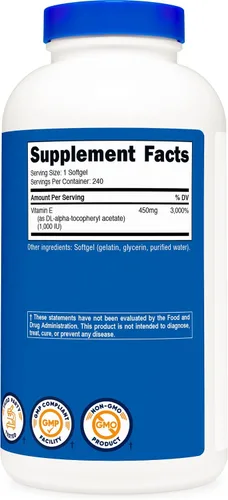 Vista 5 de Nutricost Vitamina E 1,000 UI (450 mg) 240 cápsulas blandas - Sin OMG, sin gluten