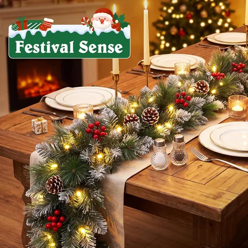 Vista 2 de Guirnalda de Navidad, Guirnalda de Navidad con Luces, Decoración de Navidad, 9 pies/2.7M, para Repisa de Chimenea, Hogar, Escaleras, Chimenea, Verde