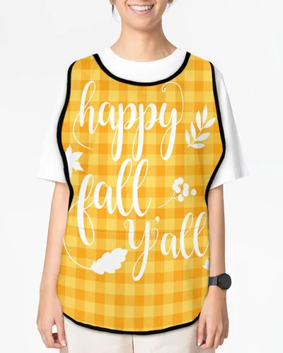 Vista 2 de Happy Fall Leaf Yall Cobbler Aprons with 2 Pockets for Women Men, Thanksgiving Autumn Orange Plaid Wheat